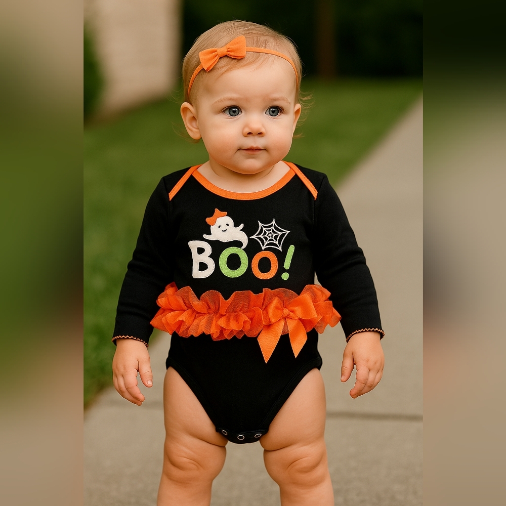 M8) Halloween Baby Girl Bodysuit 6-9M | "Boo!" Ghost Tutu Romper